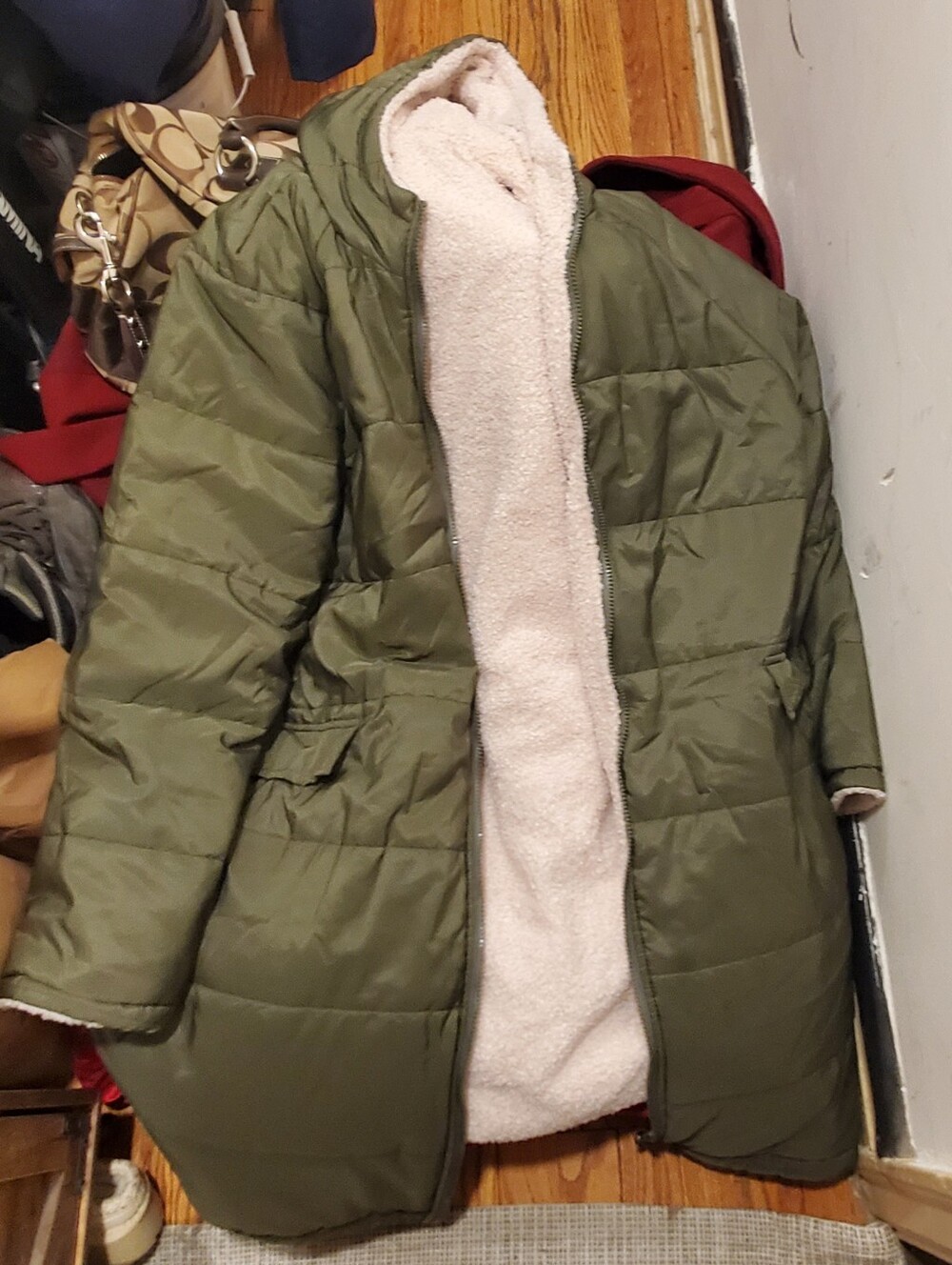 Olive Green Puffer Coat with Cream Sherpa Lining